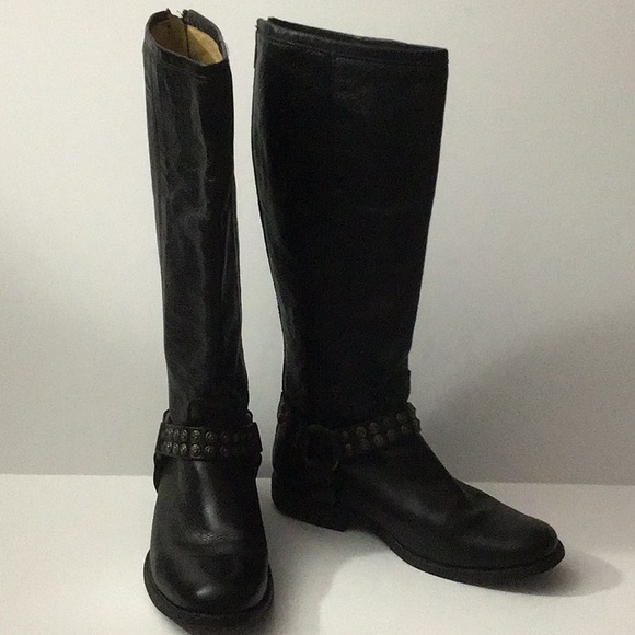 Frye Phillip Studded Harness Tall Zip Boot 7.5 BLK - Picture 1 of 16